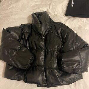 Chic Black Faux Leather Puffer Jacket